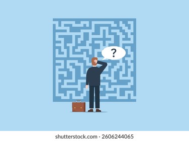 Businessman looking at the maze with confusion. Business problem solving concept. Finding a way to achieve a goal or reach success. Vector illustration.