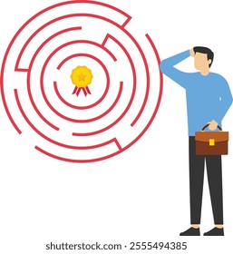 Businessman looking at maze with solution, challenge ahead, simple strategy, solve business problems, Vector illustration design concept in flat style

