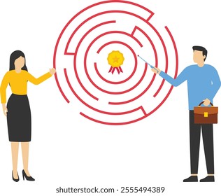 Businessman looking at maze with solution, challenge ahead, simple strategy, solve business problems, Vector illustration design concept in flat style

