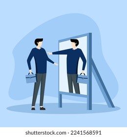 businessman looking at mirror with his reflection increases his confidence. Self esteem or self care, value strong attitude concept, believe in yourself increase self confidence.