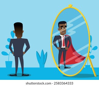 Businessman looking in the mirror with a superhero with a cape reflection, self esteem, ambition or confidence concept, executive having aspiration or determination to succeed or have success in caree