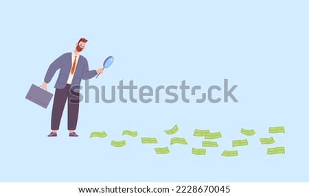 Businessman looking money at magnifier. Dollars tracking, businessperson searching hidden financial way inspect track bank investment cost tax magnifying salary vector illustration of business money