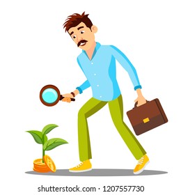 Businessman Looking For Money With Magnifier On The Floor, Investment Search Vector. Isolated Illustration
