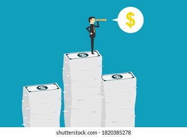 Empresario en busca de más beneficios, ilustración vectorial en estilo plano
