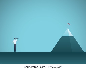 Businessman looking at mountain vector concept. Symbol of business goals, objectives, opportunities and vision. Eps10 vector illustration.