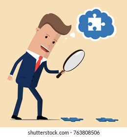 The businessman is looking for the necessary piece of the puzzle using a magnifying glass. The concept of finding a solution to a problem. Vector illustration