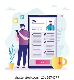 Empresario buscando un nuevo trabajo en internet. El solicitante construye el currículum cv en el teléfono móvil. Búsqueda de caracteres masculinos vacantes adecuadas en aplicación móvil. Buscador de empleo, concepto de empleo. Ilustración del vector