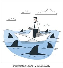 Businessman looking for new opportunities and sailing in stormy papers sea. Paper waves, clouds, boat and sharks. Businessman leader leads a team through a crisis. on a paper boat at sea. 2193