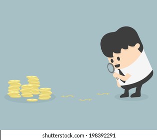 Businessman looking on dollar through magnifying glass