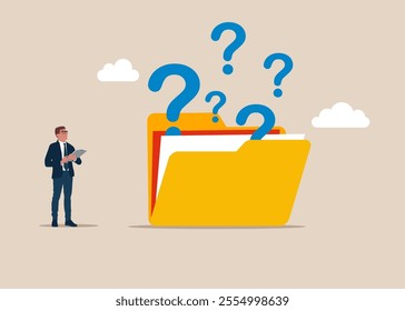 Businessman looking on folder with question marks. Thinking of who what where when why and how. 5w1h asking questions for solution to solve problem, business analysis to new idea. 