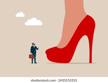 The businessman looking up on huge legs of woman. Feminism, inequality. Gender gap. Career growth and opportunities. Flat vector illustration