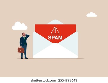 Businessman looking on malware from email. Hack, steal password or personal data. Hacker, virus, trojan, adware, spyware and ransomware awareness. Flat vector illustration