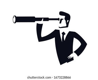 Businessman looking for opportunities in spyglass business concept vector illustration, young handsome business man searches new perspectives.