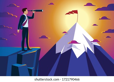 Businessman looking for opportunities in spyglass standing on top peak of mountain business concept vector illustration, successful young handsome business man searches new perspectives.