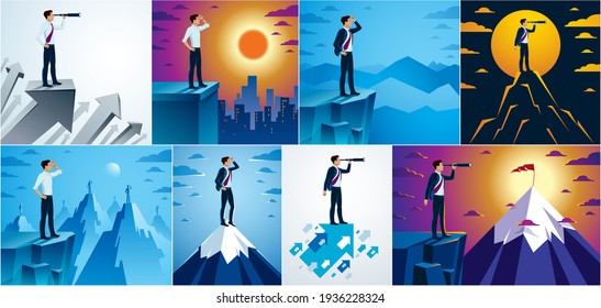 Businessman looking for opportunities in spyglass standing on top peak of mountain business concept vector illustrations set, successful young handsome business man searches new perspectives.