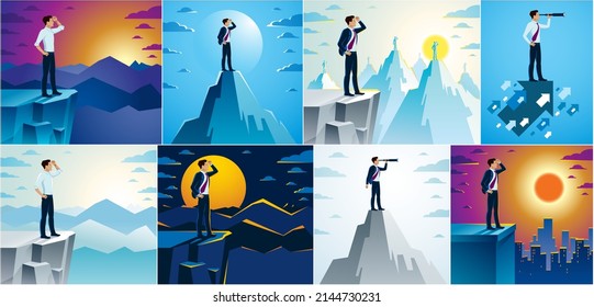 Businessman looking for opportunities in spyglass standing on top peak of mountain business concept vector illustrations set, successful young handsome business man searches new perspectives.