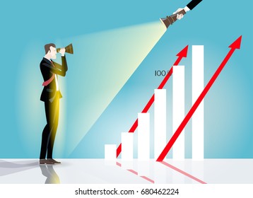 Businessman  looking for the opportunity with telescope, and illuminated by the torch. Business concept collection. 