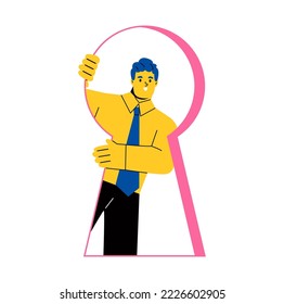 Businessman looking out of giant keyhole with curiosity and amazement at getting ready to come out. Flat vector illustration isolated on white background
