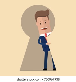 Businessman Looking Out Of Giant Keyhole With Curiosity . Metaphor Of Key Person, Problem Solution And Secret Discovery. Vector Illustration