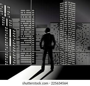 Businessman  looking out the office window at night city. Vector eps 10