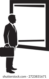 Businessman looking out of office window icon vector. Silhouette of a manager with a briefcase standing in front of a large glass frame. Vision, future planning, and opportunity symbol