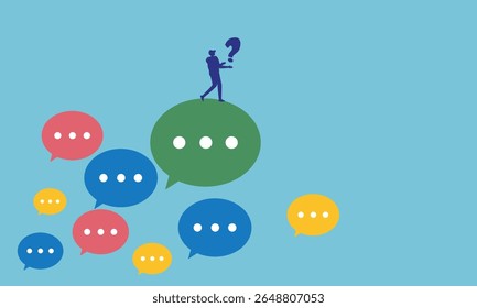 businessman looking out of speech bubble Asking business questions to find answers or solutions