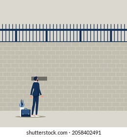 Businessman looking outside through a hole in a huge prison wall, New possibilities and hope vector concept, overcome problems, solution finding