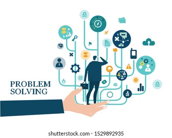 Businessman looking over the business labyrinth made of communication icons. Developing and supporting idea, consultancy and advisory concept illustration. 