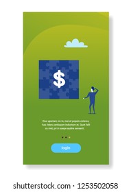 businessman looking puzzle jigsaw dollar sign financial problem solution concept flat vertical copy space