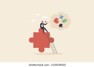 Businessman looking for puzzle pieces. Finding solution or search for last missing piece to finish or complete work, leadership mission or business difficulty concept.