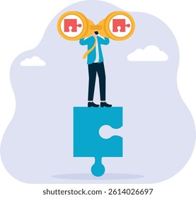 Businessman looking for puzzle pieces. Finding solution or search for last missing piece to finish or complete work,

