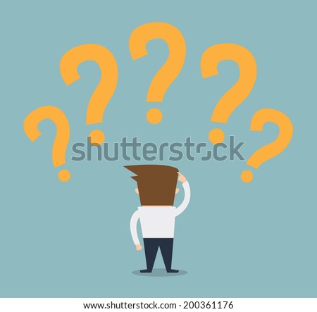 businessman looking question marks above his head. 