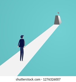 Businessman looking red flag on top of mountain. Business success and Vision concept. Good attitude and achievement concept. Vector illustration