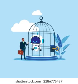 Businessman looking at the robot inside the cage. Artificial intelligence technology blocked. Modern vector illustration in flat style