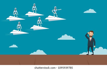 businessman looking up   robots humanoid flying on paper planes