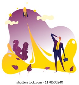Businessman looking up the rocket to the sky, Business growth and start up concept. Vector illustration.