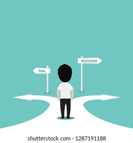 Businessman looking the route with sign fail or success. Concept of decision making and choices success in the future goal