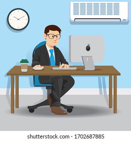 Businessman looking at screen on a computer, man woking over time.
