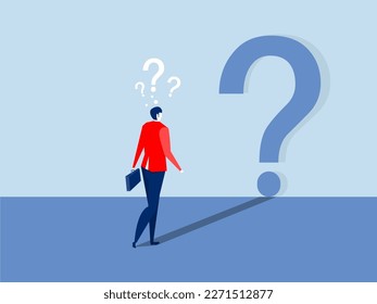 businessman looking at self shadow as question mark sign ,Confusion olution to solve problem concept on blue background flat vector illustration.