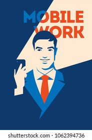 Businessman looking at smartphone. Mobile work concept. Social media poster