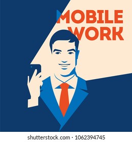 Businessman looking at smartphone. Mobile work concept. Social media poster