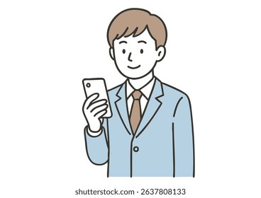 Businessman looking at a smartphone on white background