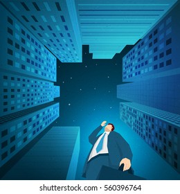 Businessman is looking for something between skyscrapers in downtown. Elements are layered separately in vector file. Easy editable.