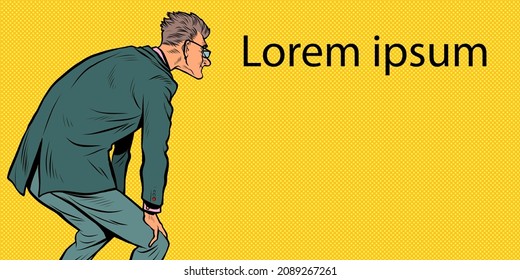A businessman is looking at something, the pose of a man in a suit. Interest reading announcement. Pop Art Retro Vector Illustration Kitsch Vintage 50s 60s Style
