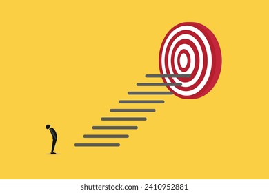 Businessman looking up stair to reach goal. concept of Reach target or reach goal, success, achievement or growth, challenge and motivation