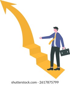 Businessman looking at the stairs. On top at the peak of success. Looks at the top arrow.

