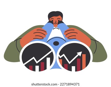 Businessman looking at statistics or analysis, results of job or work through binoculars. Isolated man with tool for zooming, instrument with optical lens. Entrepreneur or boss. Vector in flat style