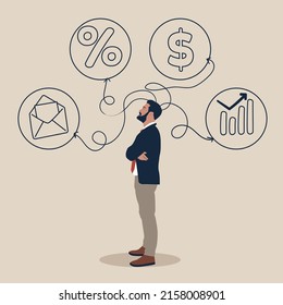 Businessman looking up and symbols with arrows on the wall