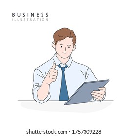 Businessman looking at tablet, vector line illustration concept.
