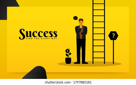 Businessman looking for target business, standing with ladder to success